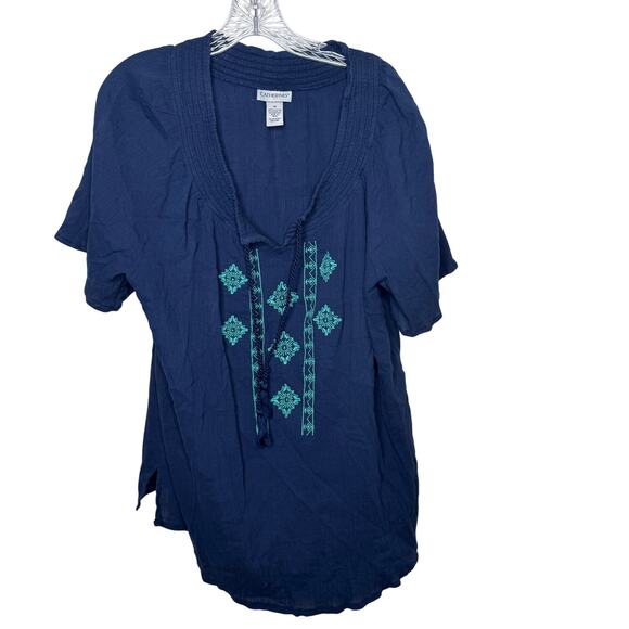Catherines 1X Blue Embroidered Cotton Boho Peasant Top Tassel V-Neck  Blouse - Picture 1 of 6